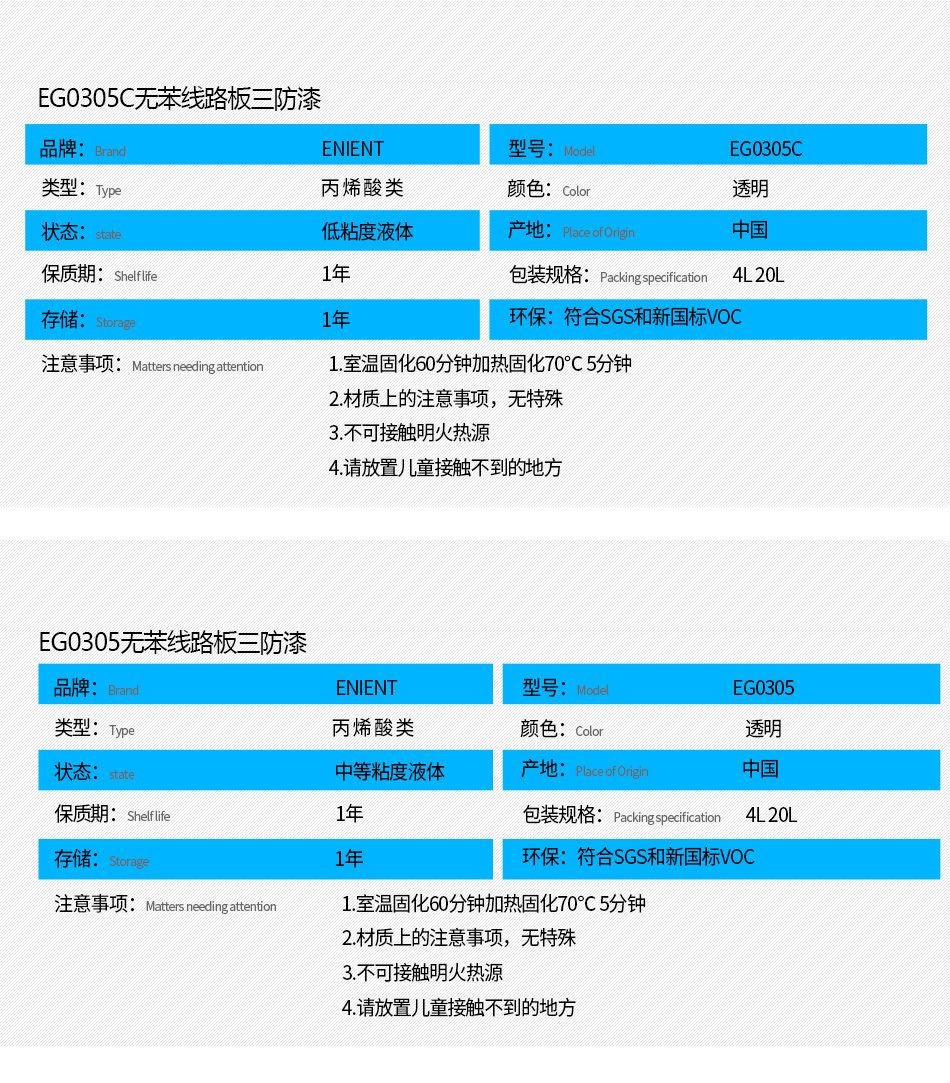 EG0305無苯線路板三防漆具有優(yōu)異的防水、防潮、防塵、絕緣性能,同時耐冷熱沖擊、耐老化、耐輻射、耐鹽霧、耐腐蝕、耐振動、耐電弧,柔韌性、附著力等性能良好,帶熒光指示,可檢查噴涂是否到位。